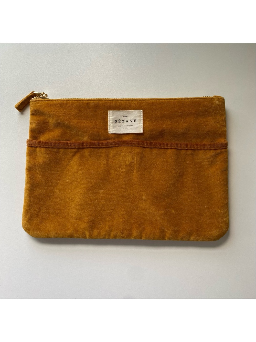 Sezane Saffron Velvet Pouch Vintage Paris Rue Saint-Fiacre Zip Top Front Pocket